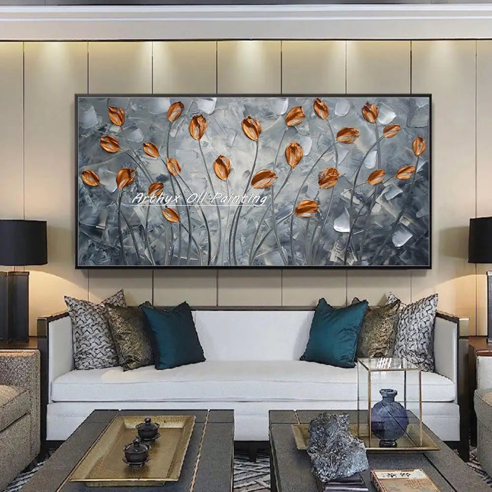 Arthyx, pintura al óleo de flores doradas pintada a mano con espátula sobre lienzo, cuadro artístico abstracto para decoración del hogar, sala de estar y dormitorio