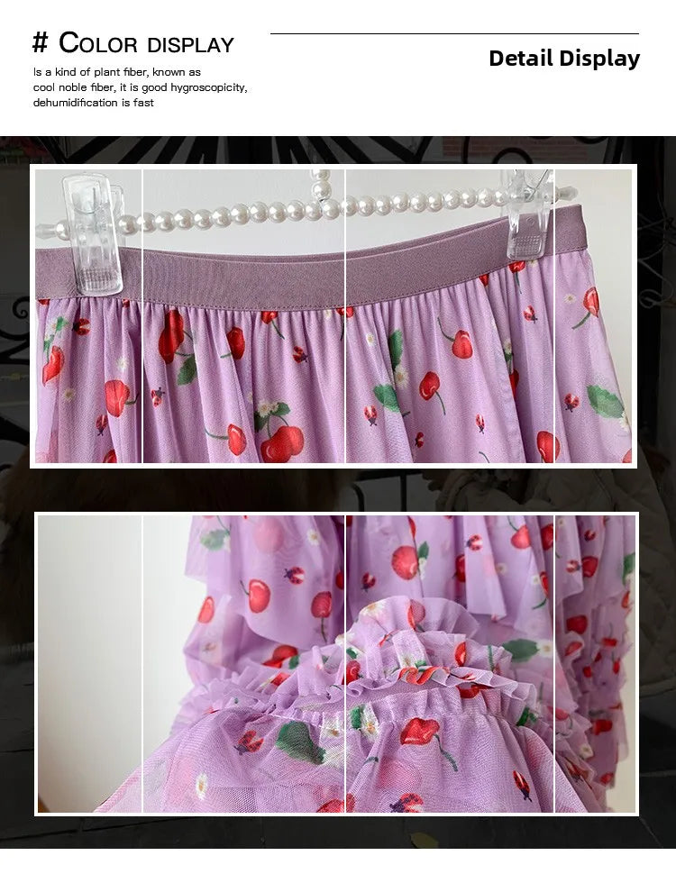 Primavera Verano 2026 Falda Larga de Tul Estampada de Cintura Alta con Empalmes Asimétricos, Falda de Pastel Colorida, Estilo...