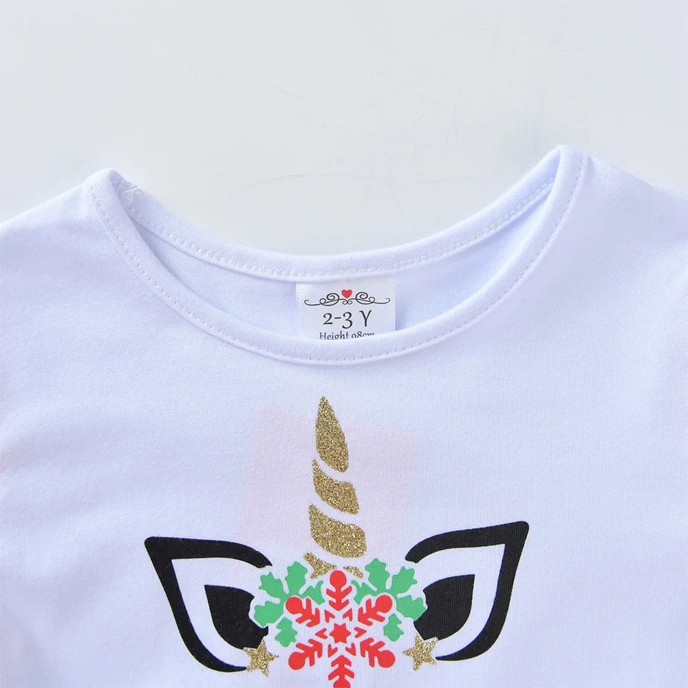 VIKITA Vestido navideño de unicornio para niñas, vestido tutú con estampado de copos de nieve de manga larga para niños con falda de tul escalonada roja y verde para Navidad
