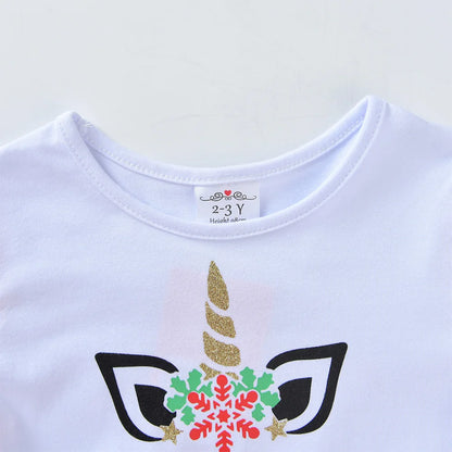 VIKITA Vestido navideño de unicornio para niñas, vestido tutú con estampado de copos de nieve de manga larga para niños con falda de tul escalonada roja y verde para Navidad