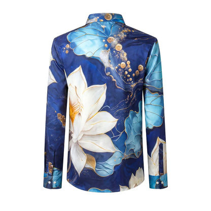 Camisa de Lujo Estilo Oceánico para Hombre, Camisa Casual de Manga Larga con Pedrería y Flores, Camisa de Vestir para Oficina y Eventos Sociales, Ropa Masculina 2026
