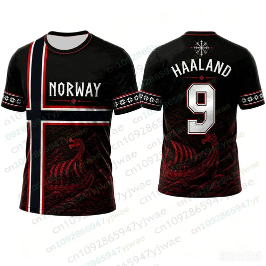 Camiseta de Fútbol de Noruega No.9 Haaland, Camiseta con Diseño de la Cultura Vikinga, Ropa Deportiva Transpirable de Secado Rápido, Regalo para Fanáticos, Camiseta para Adultos y Niños