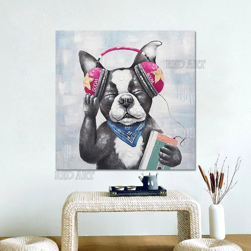Imagen de animales de dibujos animados, perro encantador, escucha música, regalo abstracto hecho a mano para niños, pintura al óleo sin marco, lienzo de pared, póster artístico de dibujos animados