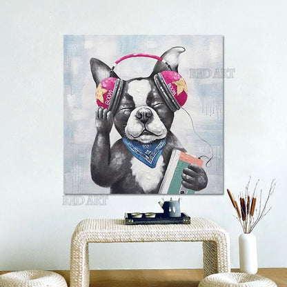 Imagen de animales de dibujos animados, perro encantador, escucha música, regalo abstracto hecho a mano para niños, pintura al óleo sin marco, lienzo de pared, póster artístico de dibujos animados