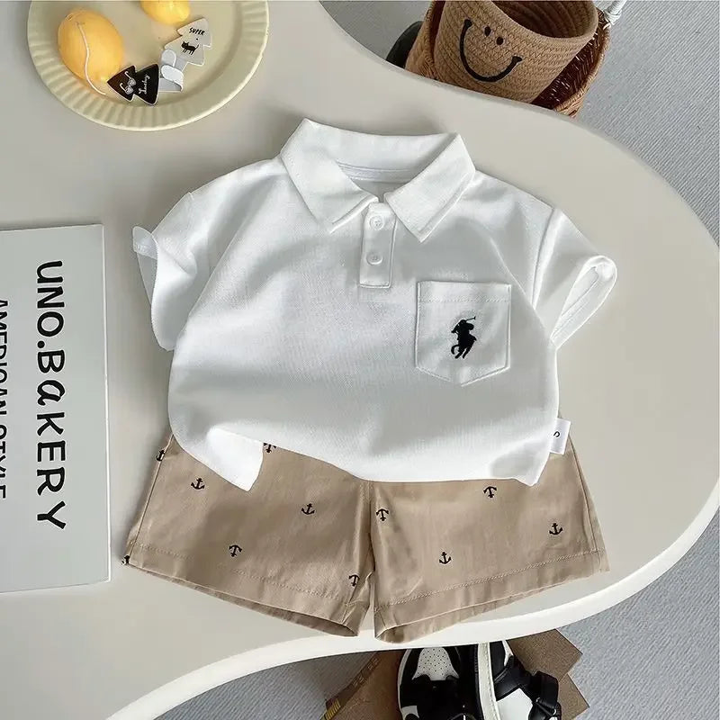 Conjunto de camisa Polo fina de verano para niños pequeños, camisa bordada de dibujos animados de manga corta para bebés + pantalones cortos informales completamente estampados, conjunto de 2 uds.