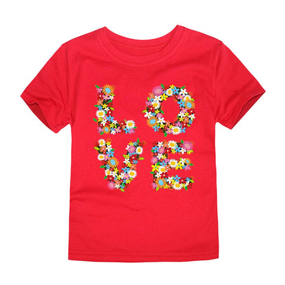 Camiseta de manga corta de algodón transpirable para niños, con estampado de letras de flores de verano, moderna y bonita