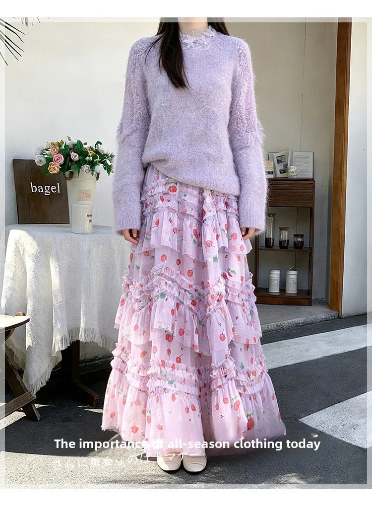 Primavera Verano 2026 Falda Larga de Tul Estampada de Cintura Alta con Empalmes Asimétricos, Falda de Pastel Colorida, Estilo...