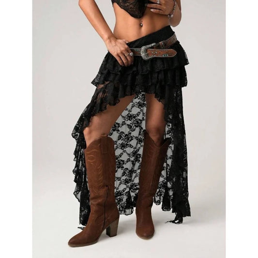 Deeptown Y2k falda asimétrica mujer Boho encaje tul Vintage falda negra estilo coreano ver a través de faldas en capas ropa de calle