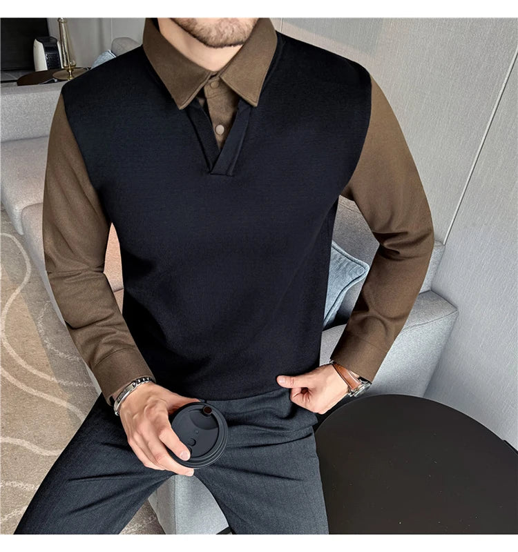 Suéter de punto de alta calidad para hombre, camisa de lana gruesa con cuello empalmado, suéteres con cuello en V, suéter de punto de dos piezas para Otoño e Invierno