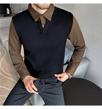 Suéter de punto de alta calidad para hombre, camisa de lana gruesa con cuello empalmado, suéteres con cuello en V, suéter de punto de dos piezas para Otoño e Invierno