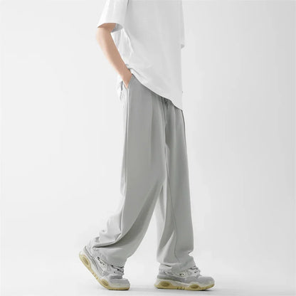 Pantalones bombachos holgados rectos lisos de verano para hombre, pantalones de chándal drapeados deportivos informales, pantalones de pierna ancha con cordón, novedad de 2025