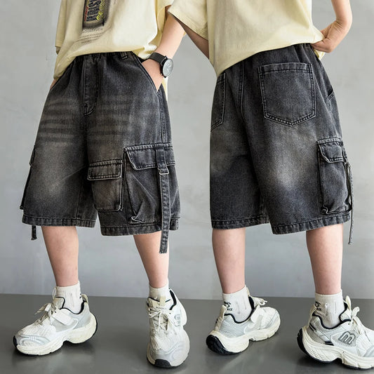 Pantalones Cortos de Mezclilla Negros de Diseño para Niños, Verano 2026, Estilo Casual, Rectos, para Niños de 5, 6, 8, 10, 12 y 14 Años