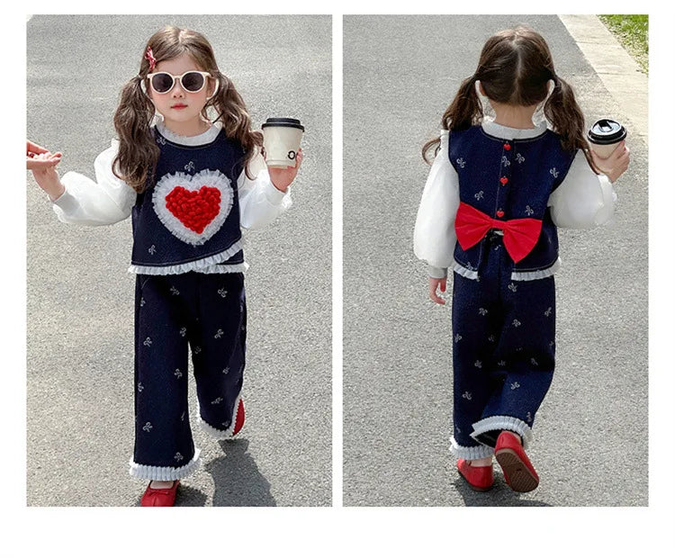 Conjunto de tres piezas con lazo grande de amor para niña, edición coreana de moda de primavera y otoño, ropa para niña