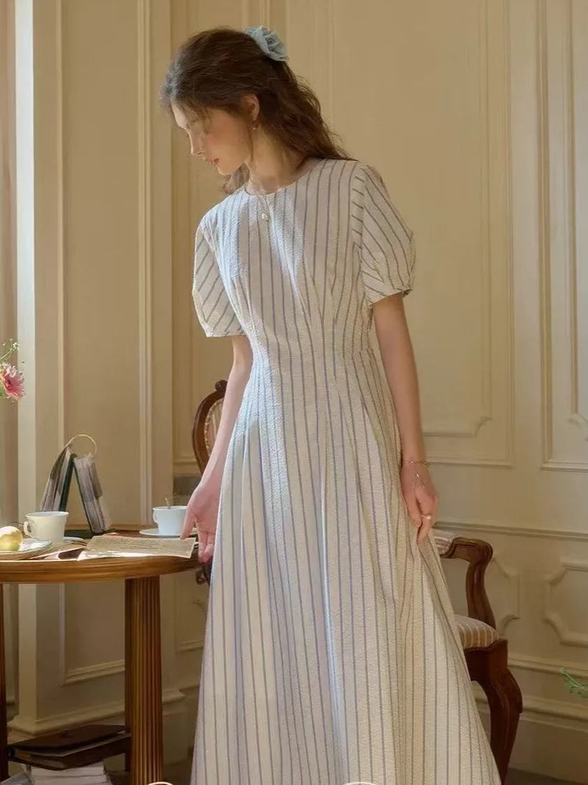 Elegante Vestido a Rayas con Corte en A para Mujer, Manga Abullonada, Cintura Ajustada, Estilo Casual para el Trabajo, Manga ...