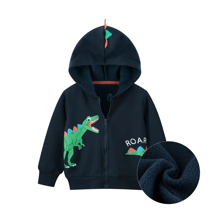 Sudadera con capucha de dibujos animados de dinosaurios para niños y niñas, ropa informal de lana de algodón con cremallera, abrigo simplificado, primavera 2024