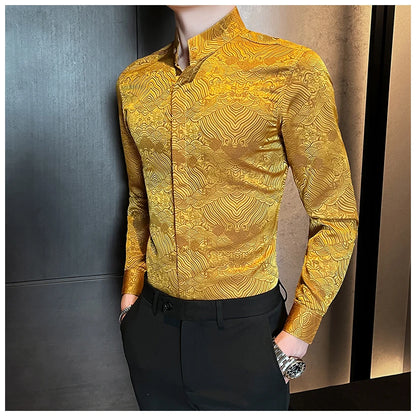 Camisas estampadas de manga larga con cuello levantado para primavera y otoño, camisa informal de moda para hombre de estilo chino Formal Social de negocios