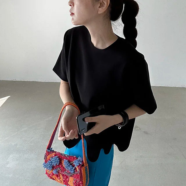 Camisetas de verano de moda coreana, camiseta informal de manga corta con cuello redondo y patrón de onda Irregular, camisetas simples