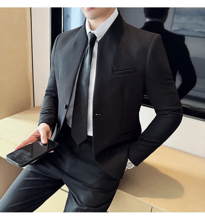 Chaqueta de traje con cuello levantado de alta calidad para hombre, chaquetas de negocios informales, abrigo coreano con gofres para boda, novio, banquete, vestido de fiesta, 2025