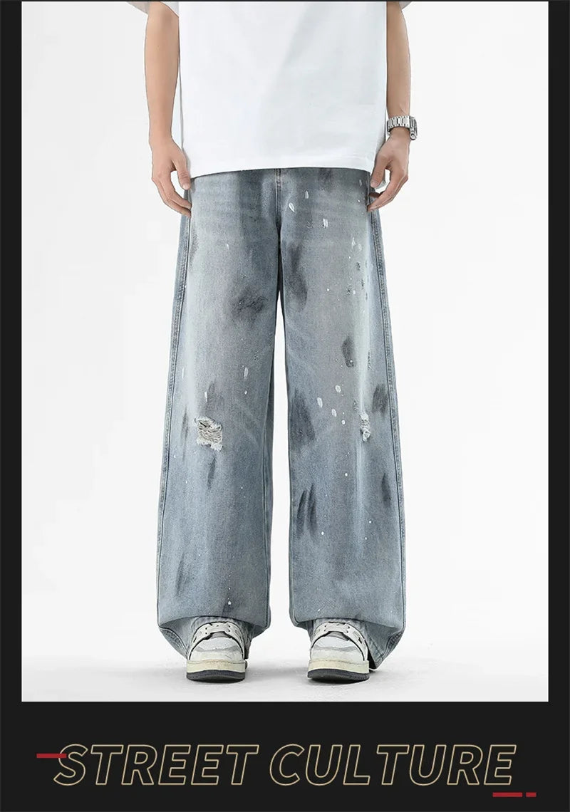 Pantalones vaqueros de pierna recta holgados rasgados de otoño para hombre, moda Hip Hop, pantalones vaqueros con estampado de grafiti, ropa de calle informal Y2K, pantalones vaqueros