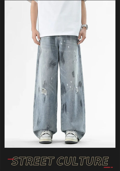 Pantalones vaqueros de pierna recta holgados rasgados de otoño para hombre, moda Hip Hop, pantalones vaqueros con estampado de grafiti, ropa de calle informal Y2K, pantalones vaqueros