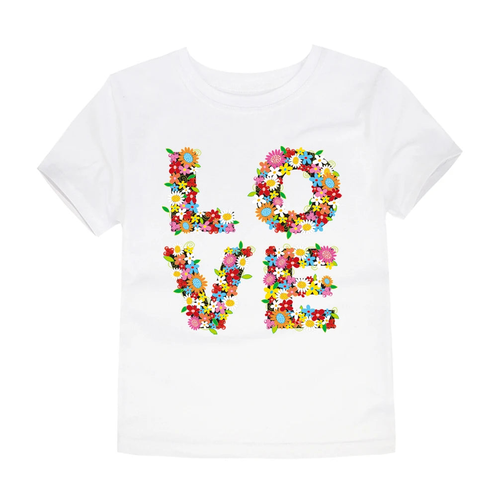 Camiseta de manga corta de algodón transpirable para niños, con estampado de letras de flores de verano, moderna y bonita