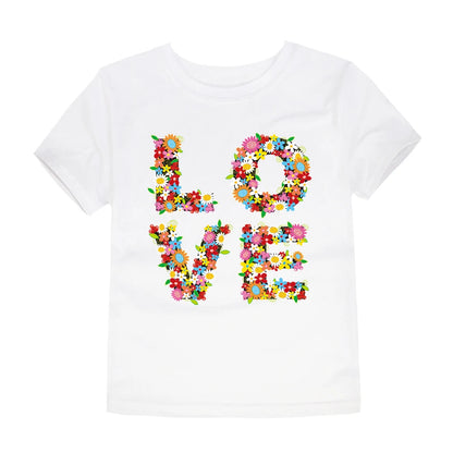 Camiseta de manga corta de algodón transpirable para niños, con estampado de letras de flores de verano, moderna y bonita