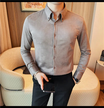 Camisa de ante de alta calidad para hombre, camisas de negocios informales de manga larga para otoño e invierno, blusa de esmoquin para fiesta Social, ropa para hombre 2023