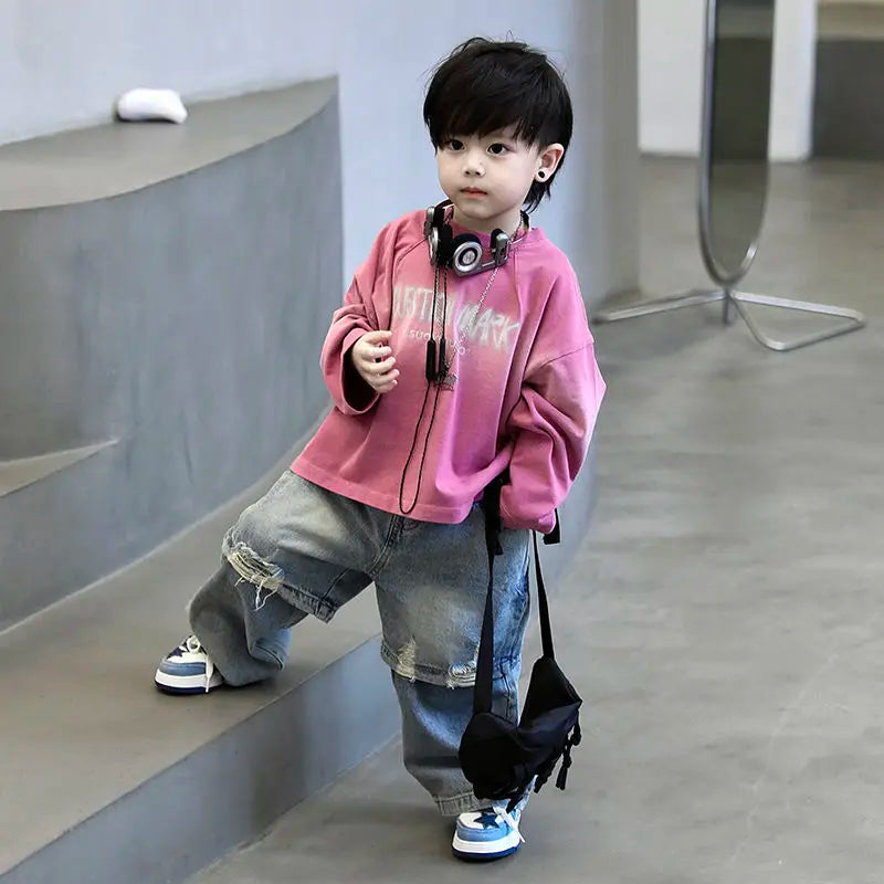 Conjunto de 2 Piezas de Ropa Infantil 2026 para Niño, Primavera-Otoño, Nueva Versión Coreana, Camisa Base con Degradado Rosa, Pantalones Vaqueros Personalizados a la Moda