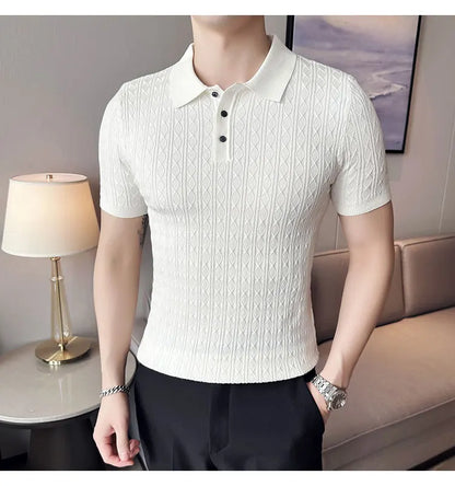 Polo de manga corta de punto Jacquard para hombre, camiseta de Golf con solapa de moda, ajustada, nueva