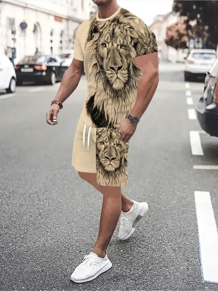 Sencillo de mármol con estampado en 3D, Top y Shorts de cuello redondo para hombres, moda urbana, traje informal de día a día para hombres