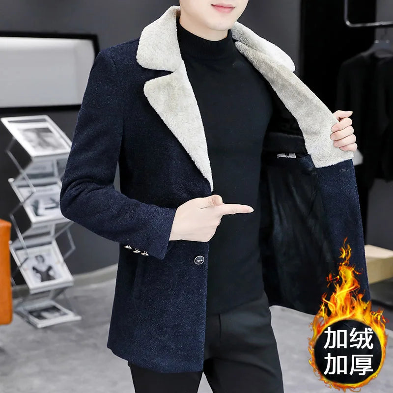 Chaquetas de lana de invierno coreanas para hombres, chaqueta de mezcla de lana gruesa de felpa con solapa, gabardina larga informal de negocios, abrigo de calle