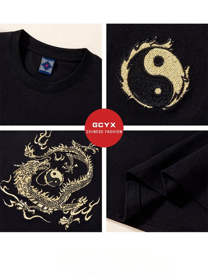 Embroidery T Shirt Men Gold Dragon Graphic T Shirts Man Vintage Hip Hop Chinese Tees Short Sleeve Cotton Casual Summer Tops Male