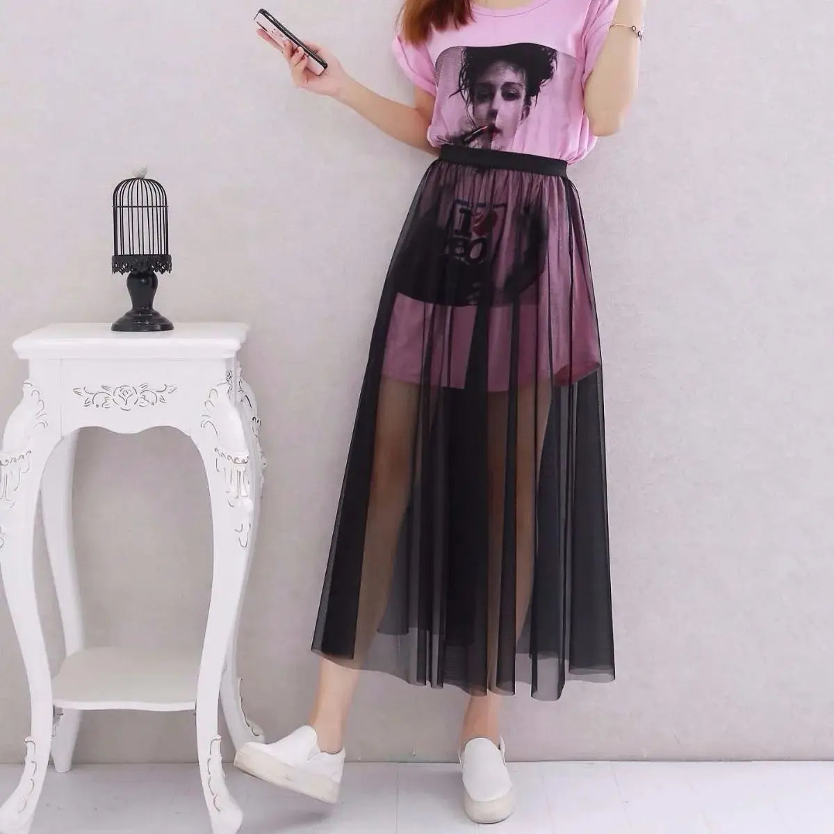 Falda larga de tul de talla grande para mujer, cintura alta, estilo A, con capas, elegante, para 200 libras, estilo coreano, ...