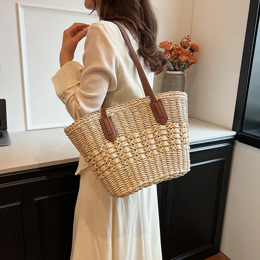 Bolsos de paja de verano para mujer, bolsos de hombro de paja, bolso de mimbre tejido con asa superior, bolso de playa de ganchillo de rafia hueco, bolsos Casuales