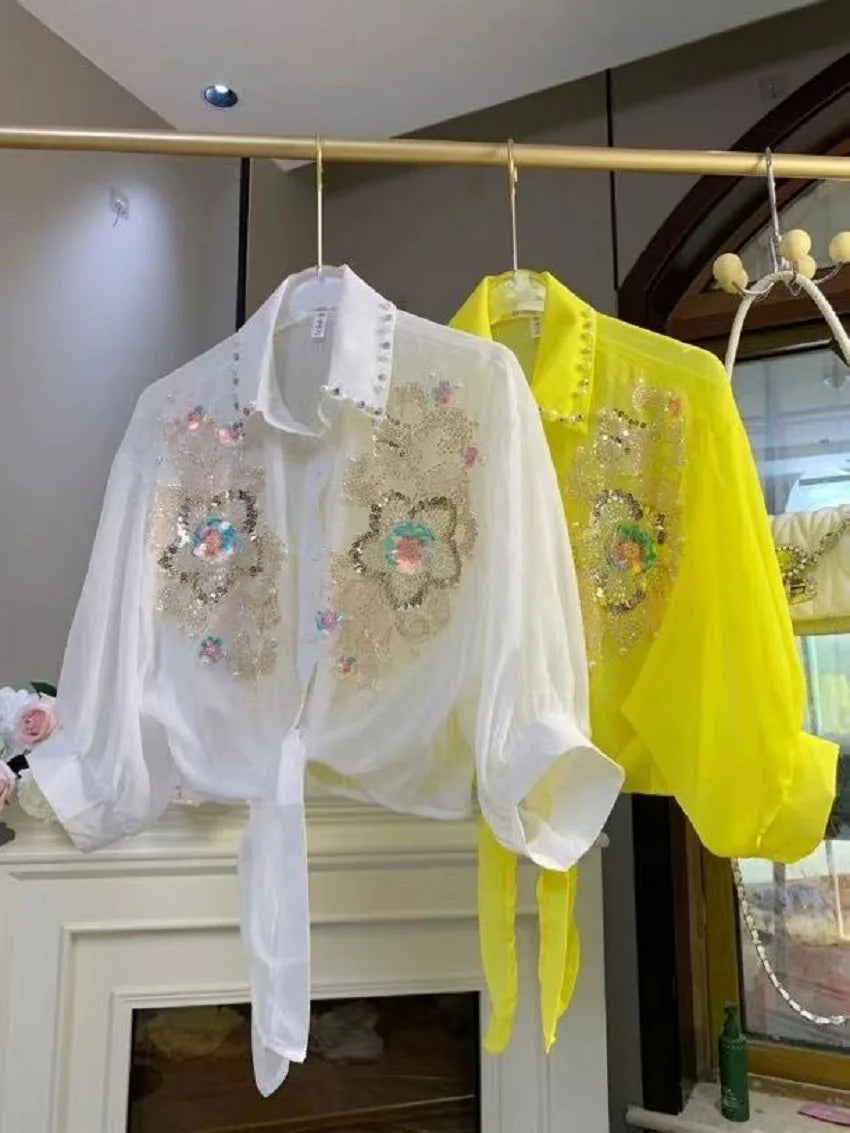 Blusas con Lentejuelas Brillantes y Bordados para Mujer, Chaquetas de Verano con Protección Solar, Ropa Coreana Popular