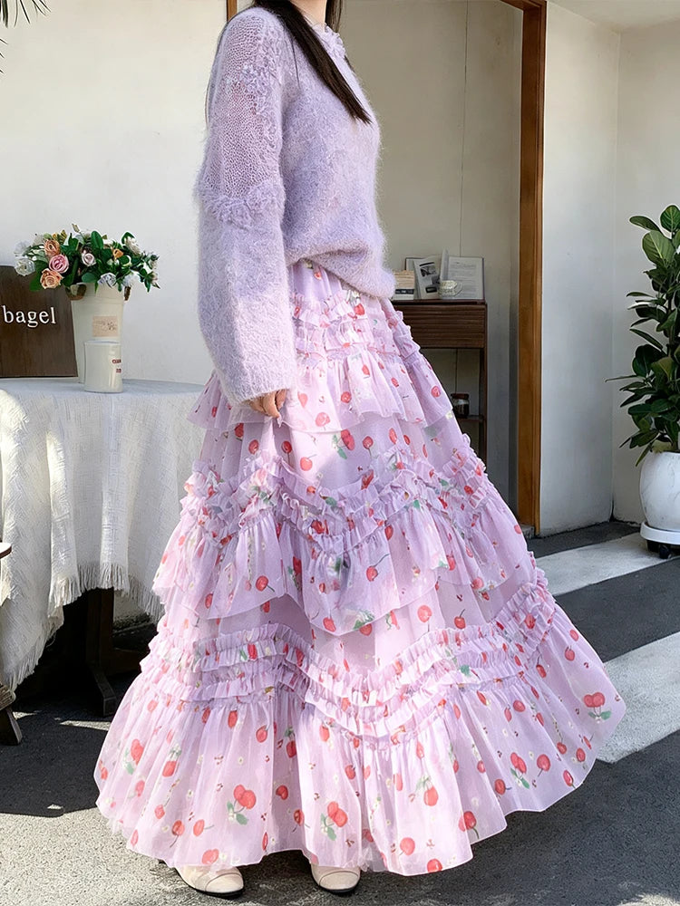 Primavera Verano 2026 Falda Larga de Tul Estampada de Cintura Alta con Empalmes Asimétricos, Falda de Pastel Colorida, Estilo...