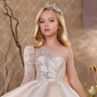 2026 nuevo vestido para niños vestido de princesa con lentejuelas un hombro falda acampanada con lazo Patchwork niños niñas traje Formal de celebración de fiesta