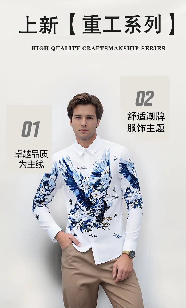 Camisa de lujo con estampado 3D de diamantes de imitación para hombre, camisas informales de manga larga para otoño e invierno, trajes de espectáculo escénico para fiesta de banquete Social