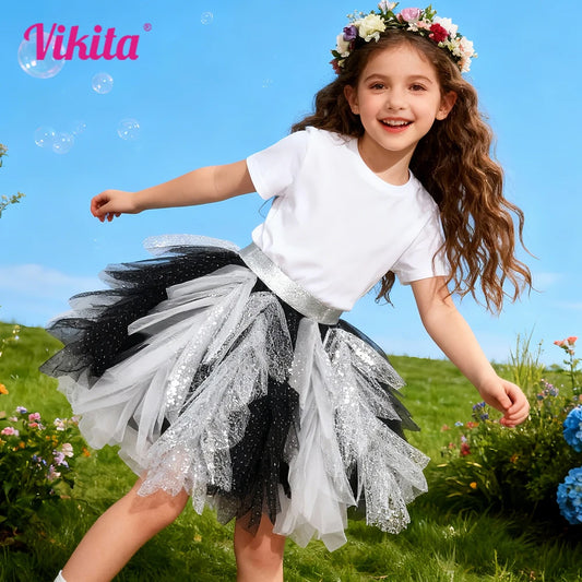 Falda tutú de tul con purpurina blanca y negra para niñas, minifaldas de Ballet de moda informal para fiesta Irregular esponjosa en capas para niños