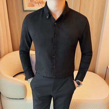 Camisa de ante de alta calidad para hombre, camisas de negocios informales de manga larga para otoño e invierno, blusa de esmoquin para fiesta Social, ropa para hombre 2023