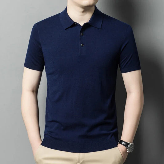 Camiseta de lana de manga corta para hombre, Jersey de punto con solapa de Color sólido, Polo informal de negocios