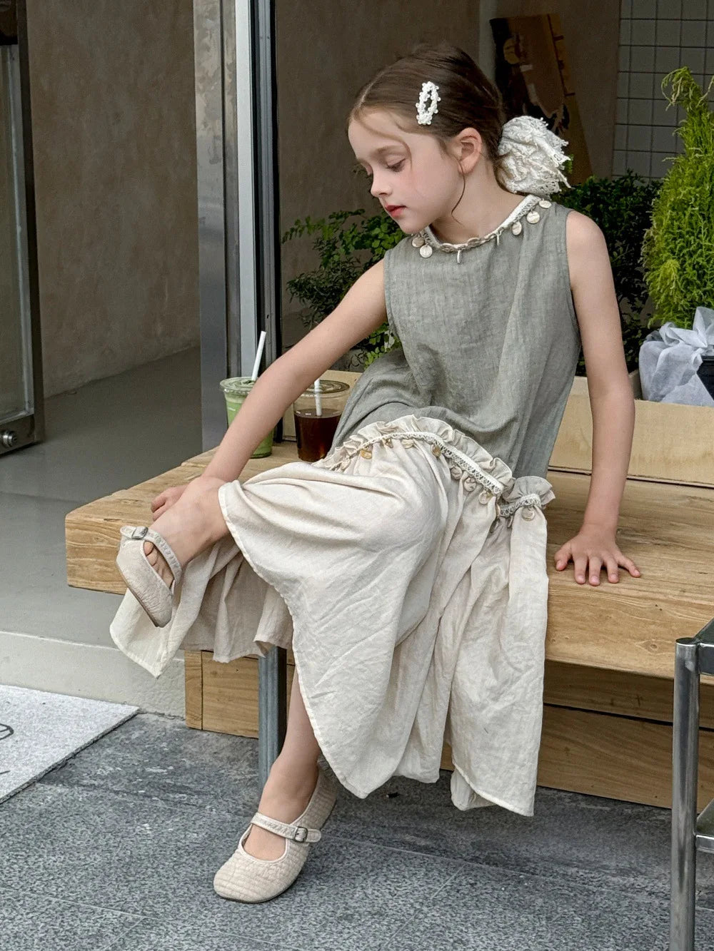 Dulce vestido para niñas verano 2025 nueva moda para niños temperamento Color contrastante vestido bohemio tendencia