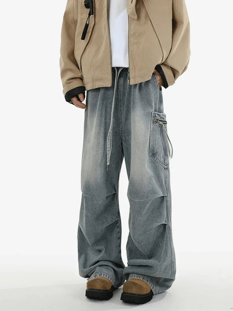 Pantalones vaqueros Cargo plisados de calle alta de otoño para Hombre, Pantalones vaqueros rectos de pierna ancha con bolsillo, moda Hip Hop Y2K, Vaqueros holgados