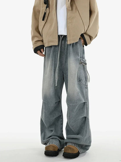 Pantalones vaqueros Cargo plisados de calle alta de otoño para Hombre, Pantalones vaqueros rectos de pierna ancha con bolsillo, moda Hip Hop Y2K, Vaqueros holgados