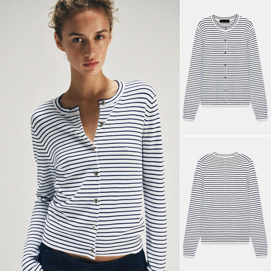Cárdigan de Punto para Mujer, Estilo Casual, Manga Larga, Cuello Redondo, Diseño de Rayas, con un Solo Botón, Nueva Colección...