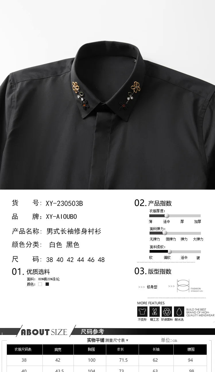 Camisa con cuentas hecha a mano para hombre, camisa de vestir Social de negocios de manga larga, traje informal de algodón de alta calidad para actuación en escenario de estrella