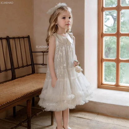 Nuevo vestido de fiesta para niñas, vestido de princesa de tul sin mangas con cuello Peter Pan para actuaciones de Piano, banquete, desfile Formal