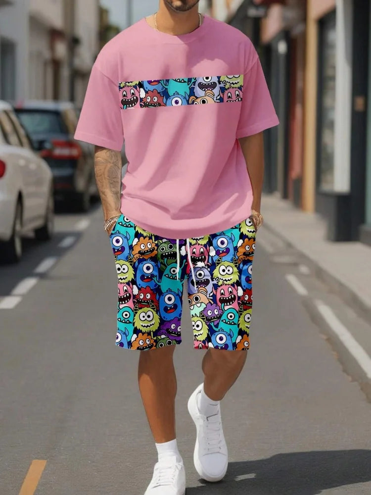 Sencillo de mármol con estampado en 3D, Top y Shorts de cuello redondo para hombres, moda urbana, traje informal de día a día para hombres
