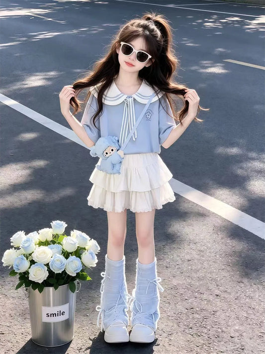 Conjunto de Dos Piezas para Niñas, Estilo Escolar de Verano, Cuello de Muñeca, Manga Corta, Falda con Volantes, Nuevo 2026, T...