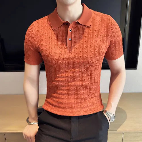 Polo de manga corta de punto Jacquard para hombre, camiseta de Golf con solapa de moda, ajustada, nueva